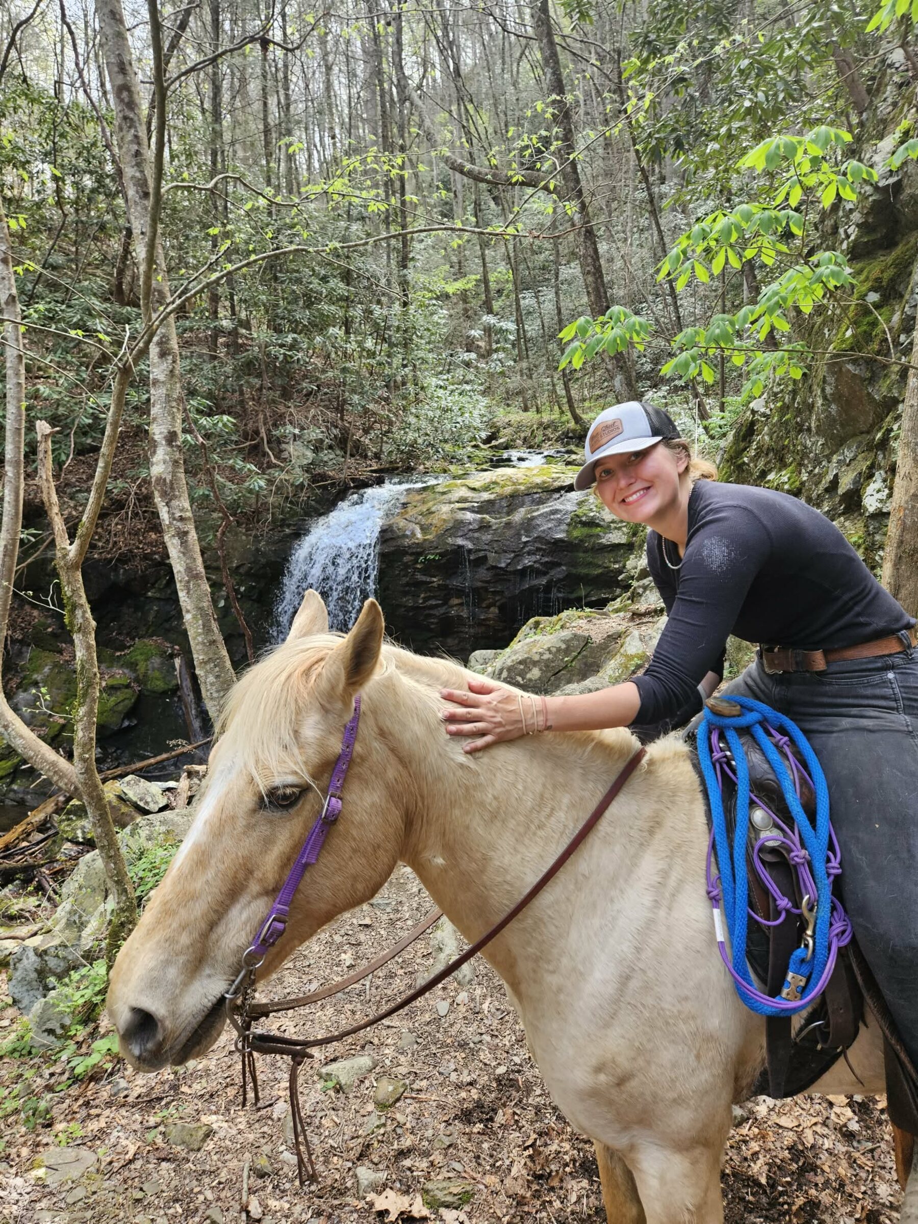A guided trail ride to the falls at Clark's Creek, rider resting a hand on a palomino